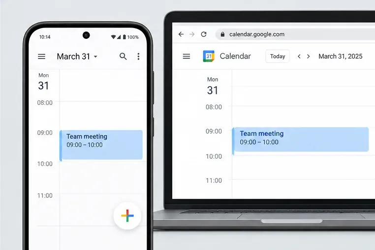 En kalenderhendelse klokken 09.00 vises på både en Android-telefon og kalender.google.com på en bærbar datamaskin.