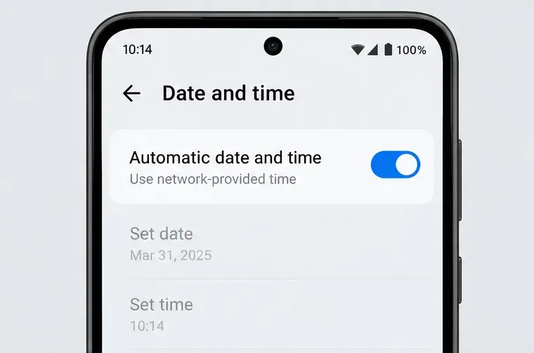 Android-innstillinger med siden «Date and time» og bryteren for automatisk dato og klokkeslett slått på.