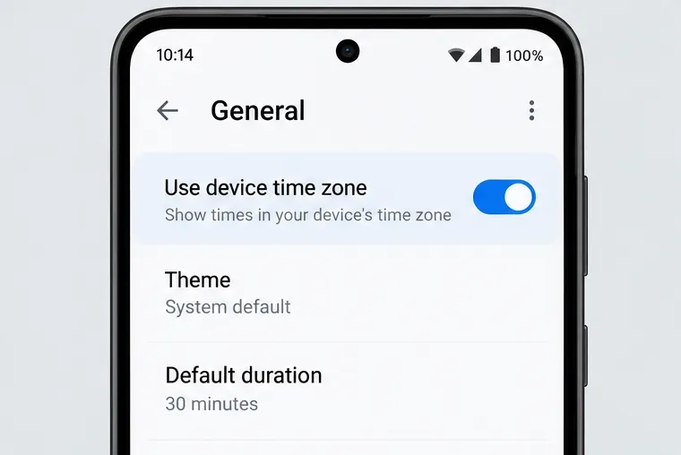Google Kalender-innstillingen «Use device time zone» vist aktiv under siden «General».