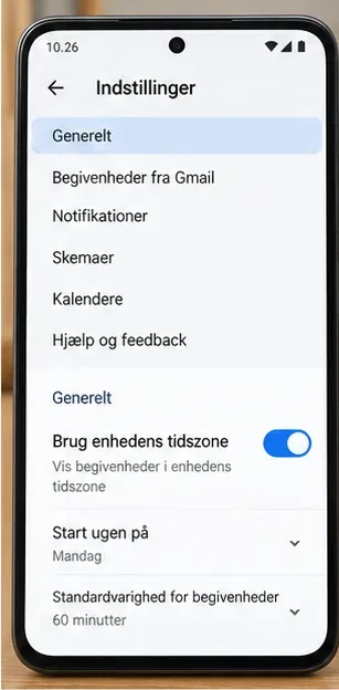 Google Kalender-indstillinger med Brug enhedens tidszone aktiveret under Generelt.