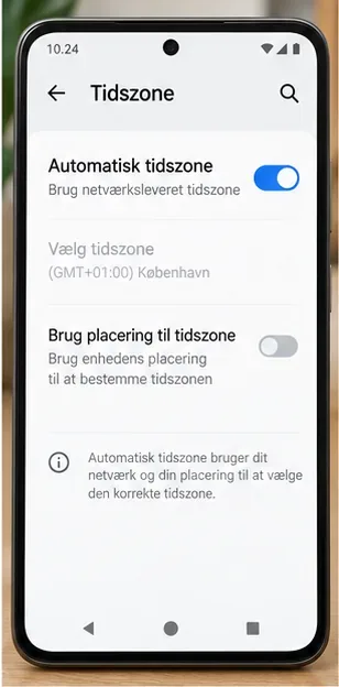 Android-skærmen Tidszone med automatisk tidszone slået til og en valgmulighed for lokationsbaseret tidszone.