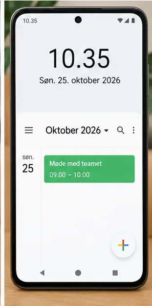Android-ur og Google Kalender vist sammen efter kontrol, så systemtid og begivenhedstid kan sammenlignes.
