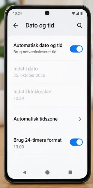 Android-indstillingen Dato og tid med automatisk dato og klokkeslæt aktiveret og adgang til automatisk tidszone.