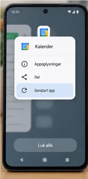 Androids appoversigt med Kalender og en mulighed for at genstarte appen efter ændrede indstillinger.