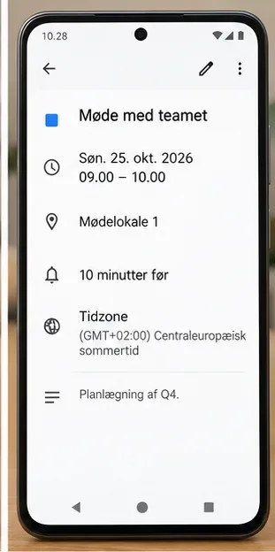 En kalenderbegivenhed den 25. oktober 2026 med klokkeslæt og en angivet centraleuropæisk tidszone.