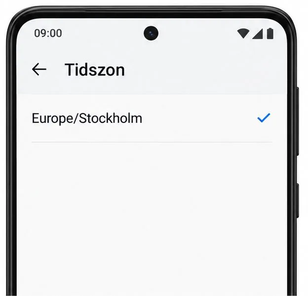 Android-skärmen Tidszon med Europe/Stockholm markerad som vald tidszon