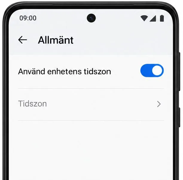 Google Kalender-inställningen Allmänt med alternativet Använd enhetens tidszon aktiverat