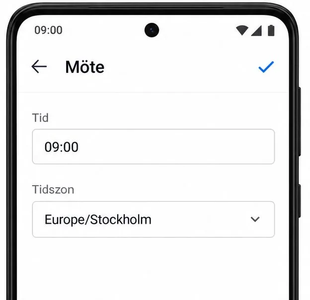 Illustrativ händelsevy med starttiden 09.00 och tidszonen Europe/Stockholm