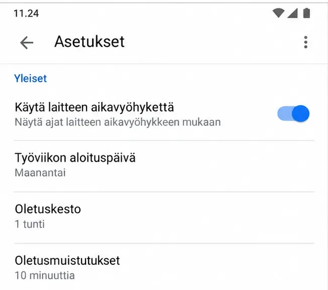 Google Kalenterin Yleiset-asetuksissa Käytä laitteen aikavyöhykettä -kytkin on päällä.
