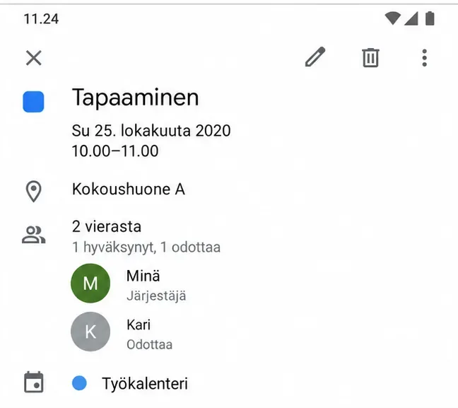 Google Kalenterin Tapaaminen-tapahtumanäkymä, jossa näkyvät tapahtuman kellonaika ja päivämäärä.