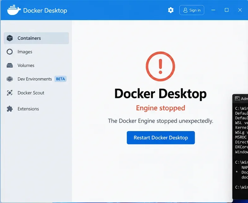 AI ilustrace Docker Desktop na Windows 11 zobrazující zprávu Engine stopped a tlačítko Restart Docker Desktop