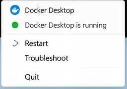 AI ilustrace nabídky v oznamovací oblasti Docker Desktop s možnostmi Restart a Troubleshoot