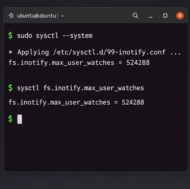Linuxový terminál zobrazující sudo sysctl --system, který aplikuje 99-inotify.conf a následně ověřuje fs.inotify.max_user_watches.