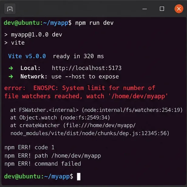 Ilustrativní linuxový terminál zobrazující vývojový příkaz Vite končící chybou „Dosažen systémový limit ENOSPC pro hlídače souborů“.