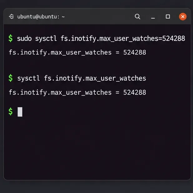 Linuxový terminál zobrazující příklad dočasné změny sysctl, která nastaví fs.inotify.max_user_watches na hodnotu 524288 a přečte hodnotu zpět.