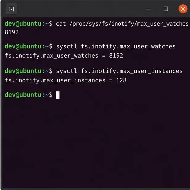 Linuxový terminál zobrazující příklady hodnot vrácených pro fs.inotify.max_user_watches a fs.inotify.max_user_instances.