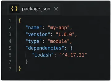 Editor Package.json zobrazující modul typu a položku závislosti