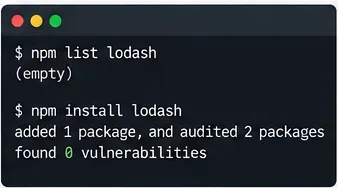 Terminál zobrazující npm list lodash vrací prázdný seznam a npm install lodash přidává balíček