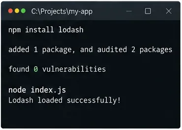 Terminál zobrazující instalaci balíčku následovanou úspěšným spuštěním Node.js