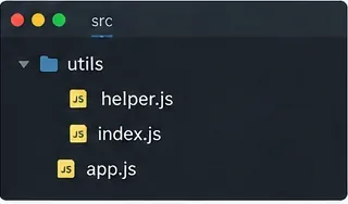 Průzkumník projektu zobrazující adresář src s utils, helper.js, index.js a app.js