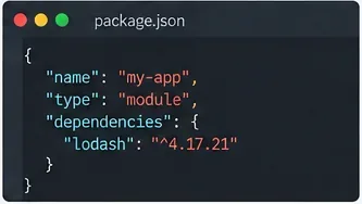 Editor Package.json zobrazující balíček ESM a závislost lodashu