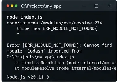 Terminál zobrazující chybu Node.js ERR_MODULE_NOT_FOUND kvůli chybějícímu balíčku lodash.