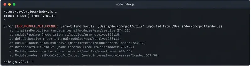 Terminál zobrazuje chybu ERR_MODULE_NOT_FOUND pro import lokálních utilit bez rozšíření.