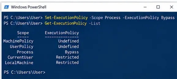 Windows PowerShell zobrazující Set-ExecutionPolicy v rozsahu Process s Bypass a Get-ExecutionPolicy -List ukazující Process Bypass