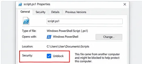 Dialog Vlastnosti souboru Windows pro script.ps1 zobrazující sekci Zabezpečení a zaškrtávací políčko Unblock