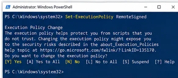 Administrátorský Windows PowerShell zobrazující Set-ExecutionPolicy RemoteSigned a potvrzovací výzvu politiky výkonu