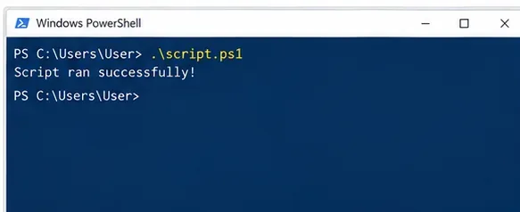 Windows PowerShell úspěšně spouštějící script.ps1 a vracející Script ran successfully