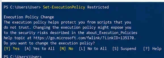 Windows PowerShell zobrazující potvrzovací výzvu Set-ExecutionPolicy Restricted