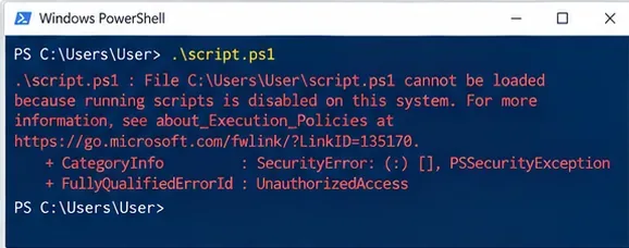 Konzole Windows PowerShell zobrazující soubor script.ps1 blokovaný, protože spouštění skriptů je v systému zakázáno