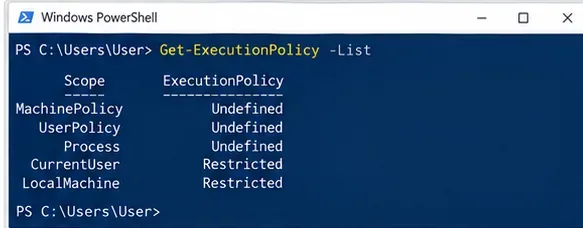 Windows PowerShell zobrazující Get-ExecutionPolicy -List s rozsahy MachinePolicy, UserPolicy, Process, CurrentUser a LocalMachine