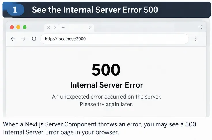 Ilustrace vygenerovaná AI zobrazující prohlížeč se stránkou Interní chyba serveru 500 v Next.js