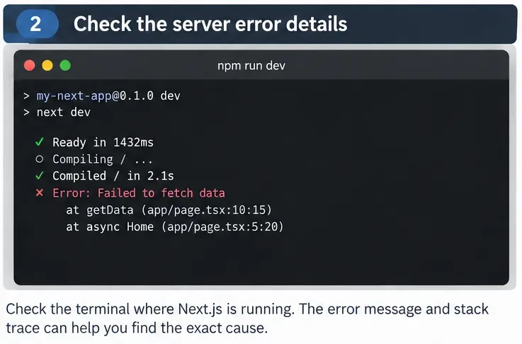 Ilustrace terminálu vygenerovaná AI zobrazující stack trace vývojového serveru Next.js pro selhání načtení dat