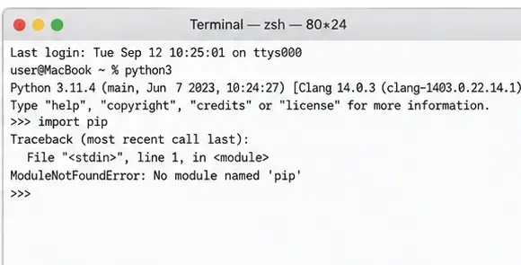 Terminál macOS zobrazující Python 3 a chybu ModuleNotFoundError pro pip.