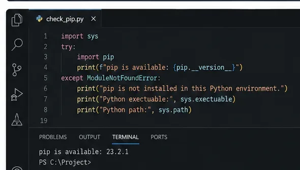 Editor kódu zobrazující kód v Pythonu, který vytiskne verzi PIP a spustitelný soubor v Pythonu s úspěšným výsledkem v terminálu.