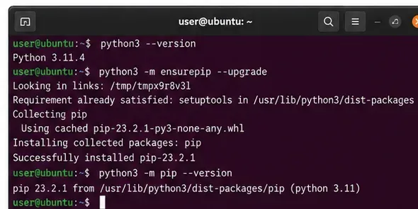 Linuxový terminál zobrazující příkaz python3 ensurepip následovaný úspěšnou kontrolou verze pipu příkazem python3 -m.