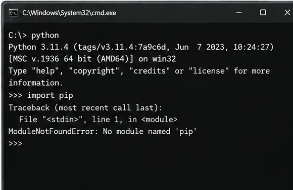 Příkazový řádek systému Windows zobrazující Python 3 a ModuleNotFoundError po pokusu o import souboru pip.