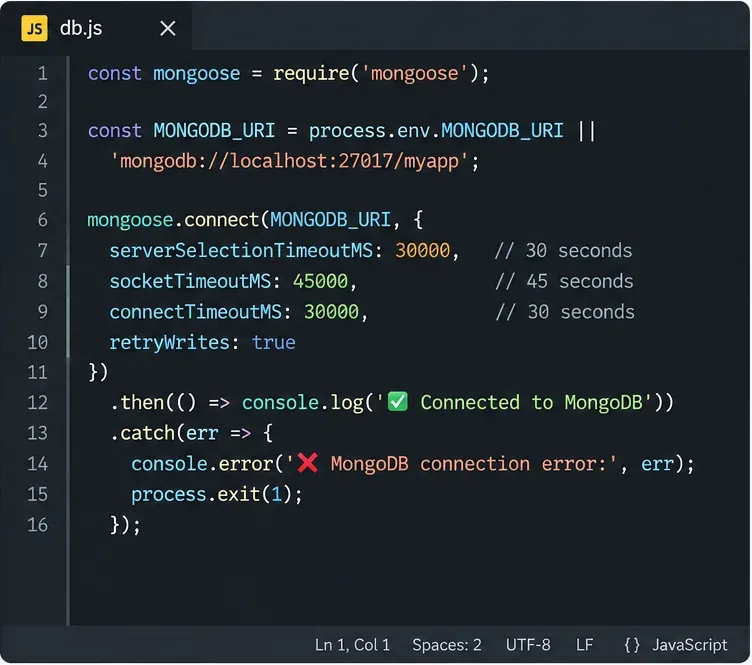 Příklad připojení JavaScript Mongoose zobrazující možnosti serverSelectionTimeoutMS, socketTimeoutMS, connectTimeoutMS a retryWrites