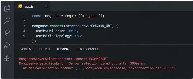 Editor kódu a terminál zobrazující MongooseServerSelectionError s ECONNRESET a časovým limitem výběru serveru po 30000 milisekundách