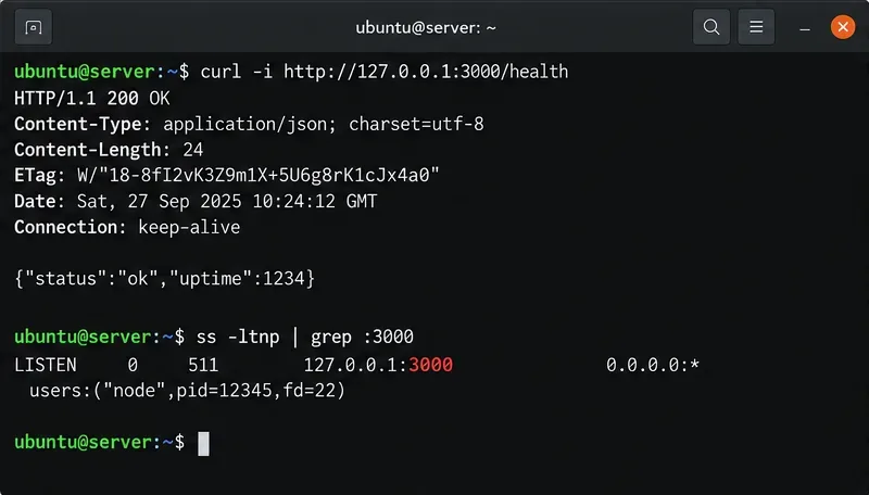 Terminál kontrolující stav Node.js na portu 127.0.0.1 3000 a zobrazující naslouchající proces Node.
