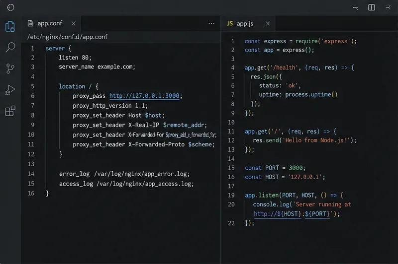 Editor kódu porovnávající cíl NGINX proxy_pass na portu 127.0.0.1 3000 s aplikací Node.js naslouchající na stejné adrese a portu
