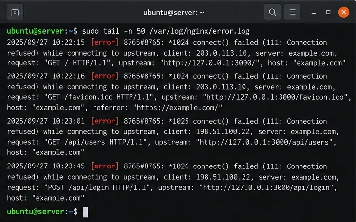 Jak opravit chybu „Nginx 502 Bad Gateway“ při proxyování k Node.js