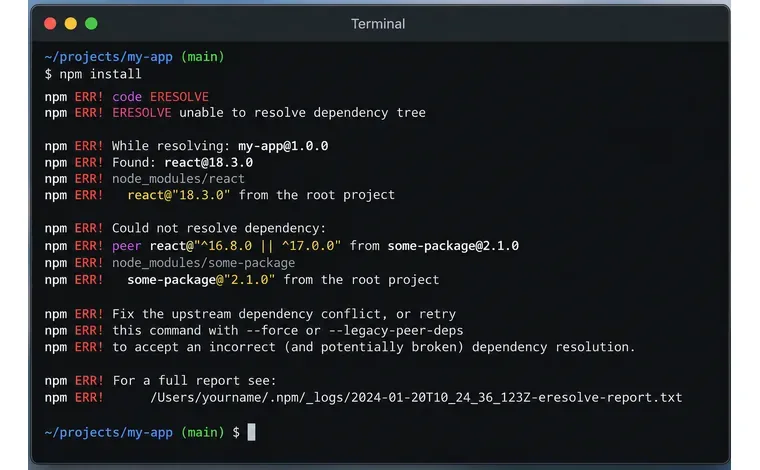 Jak opravit chybu npm ERR! code ERESOLVE: Konflikt peer dependencies
