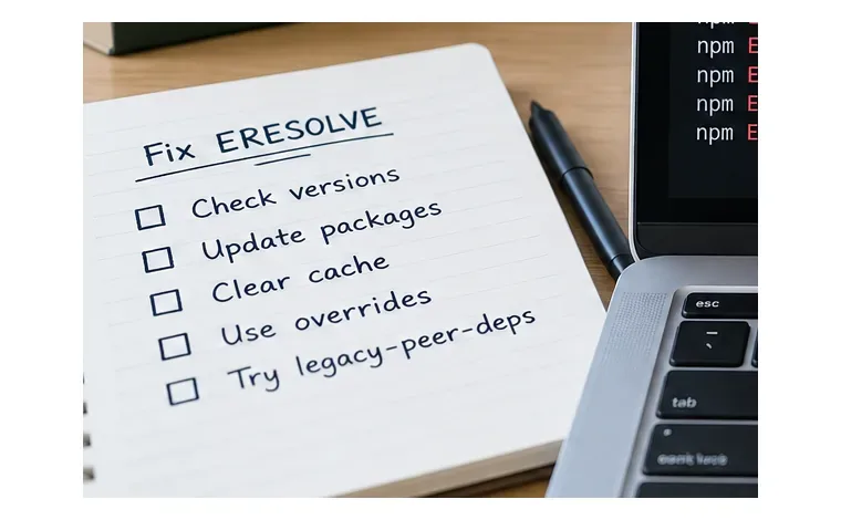 Zápisník vedle notebooku se seznamem řešení problémů ERESOLVE, včetně kontroly verzí, aktualizace balíčků, overrides a legacy-peer-deps