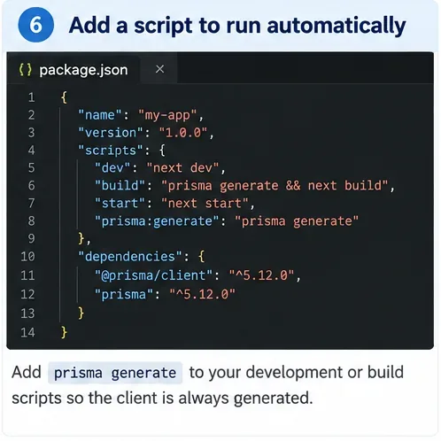Editor package.json zobrazuje vývojové a sestavovací skripty související s Prisma.