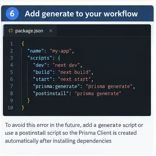 Editor package.json zobrazuje skripty prisma generate a postinstall v pracovním postupu projektu.