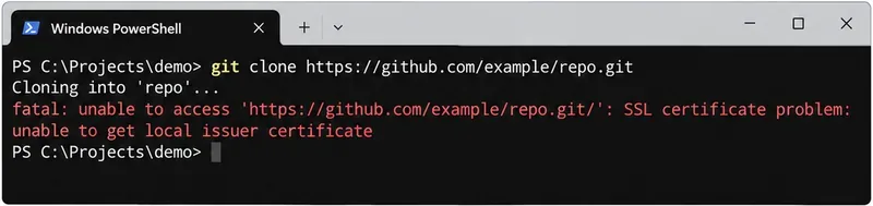 Windows PowerShell zobrazující selhání git clone s problémem SSL certifikátu: nelze získat lokální certifikát vydavatele